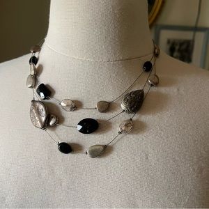 Chicos multi Strand Silver Black Floating Collar beaded stone statement Necklace